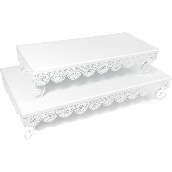 Dulcet Delights Metal Rectangle Eyelet Cake Stands with Lattice Borders for Birthdays, Weddings, Parties and Events 14.5" L x 6.5 W x 3.5 H and 17.5" L x 9.5 W x 3.5 H Set of 2 White