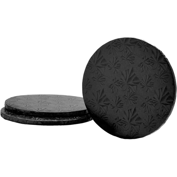 Dulcet Delights Round Cake Drum | Decorative Cake Board for Cakes, Desserts, Pizza & More | Food Safe | Grease Proof | Reusable | 18” Diameter x ½” Thick | Black | Set of 3