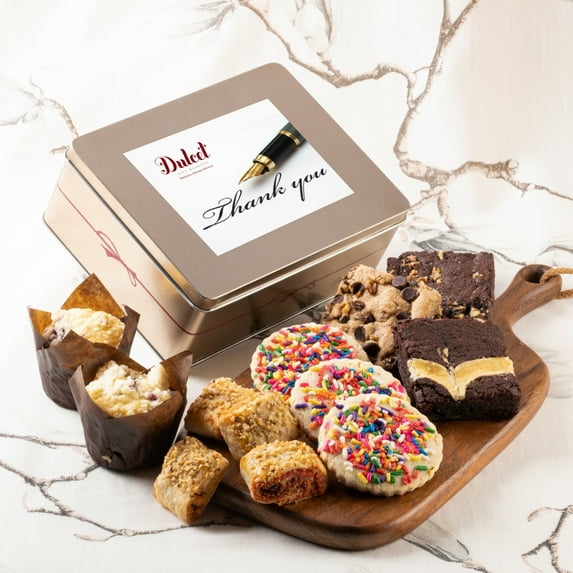 Dulcet Gift Basket Classic Thinking About You Fresh Baked Cookie & Brownie Gift Tin- Perfect Thinking of You Card for Women, Mom, Dad, Friend, Son, Boyfriend, Daughter, Sister, Co-worker