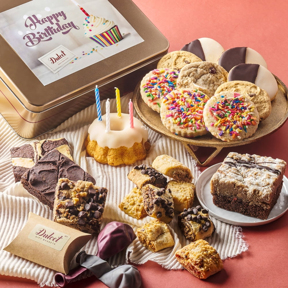 Dulcet Gift Basket Happy Birthday Party Gift Package in Tin with Balloons & Candles