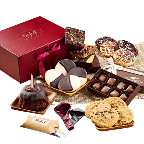 Dulcet Gift Baskets Birthday Food Gift Basket with Chocolate, Brownies, Cookies & Cake for Kids, Friends, Family, Him & Her