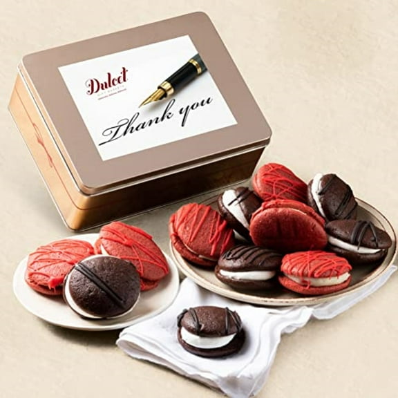 Dulcet Gift Baskets Chocolate and Red Velvet Whoopie Pie Thank You Tin Assortment, Cookie and Cream Snacks for Men and Women With Prime Delivery