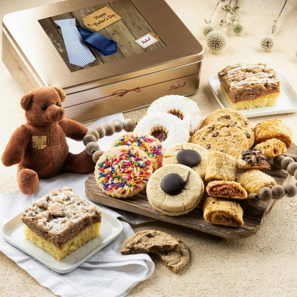 Dulcet Gift Baskets Father’s Day Deluxe Bakery Mix of Assorted Cookies and Pastries with Decorative Teddy Bear for Men, Dad, Boyfriend, Son, Grandfather, and Coworker