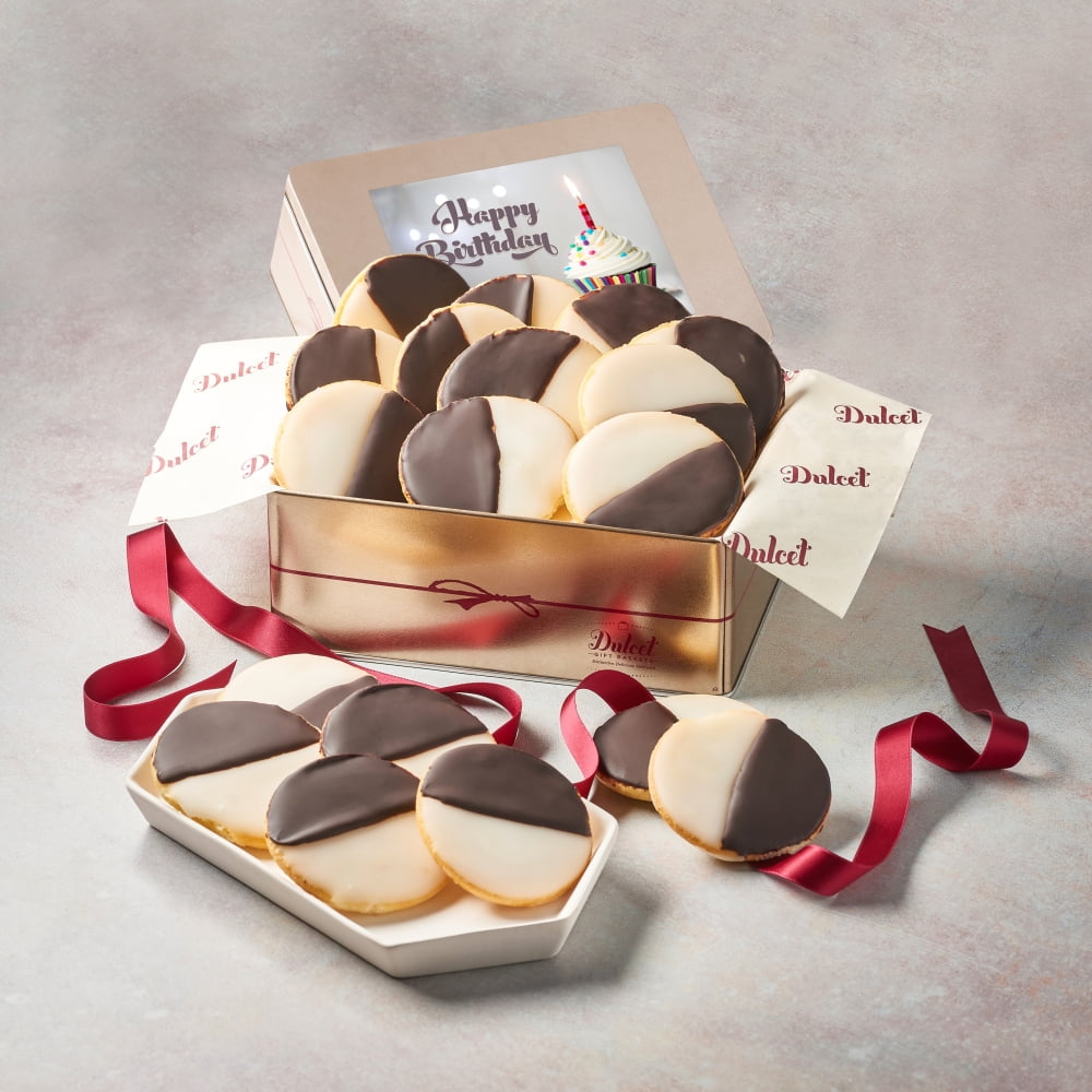 Dulcet Gift Baskets Happy Birthday Black and White Cookie Gift Tin with Balloons and Candles, Birthday Gift