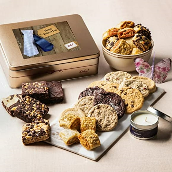 Dulcet Gift Baskets Happy Fathers Day Aroma Therapy Candle Gift Box ‘Classic Tin Treats Within’ Featuring a Variety of Brownies and Cookies Great Gift Idea for Dad, Granpa or Boyfriend