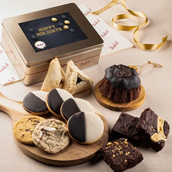 Dulcet Gift Baskets Happy Holiday Gift Tin, Classic Baked Goods Celebration Snack