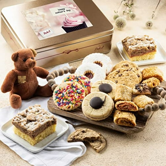 Dulcet Gift Baskets Happy Mother’s Day Deluxe Bakery Mix of Assorted Cookies and Pastries with Decorative Teddy Bear for Women, Friend, College, Couples, Mom, Wife, Daughter, and Her