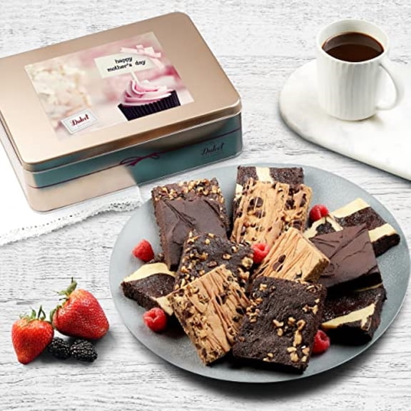 Dulcet Gift Baskets Happy Mothers Day Chocolate Fudge Brownie Assortment Gift Tin, Fresh Baked Snacks Yummy Flavors including Chocolate Cheese -Walnut -Fudge-Chip Blondie Great for Women, Friends