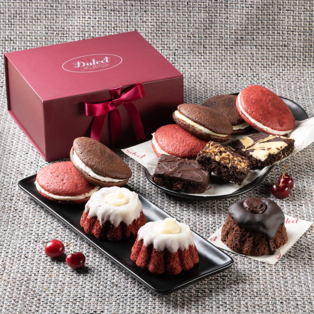 Dulcet Gift Baskets Mini Fluted Glazed Cakes with Whoopie Pie Signature Gift Basket Box