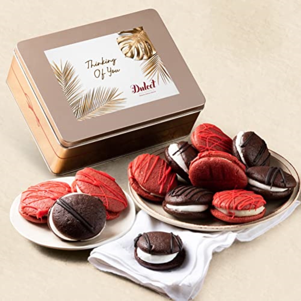 Dulcet Gift Baskets Thinking of You Chocolate and Red Velvet Whoopie Pie Tin Assortment, Cookie and Cream Snacks for Men and Women With Prime Delivery