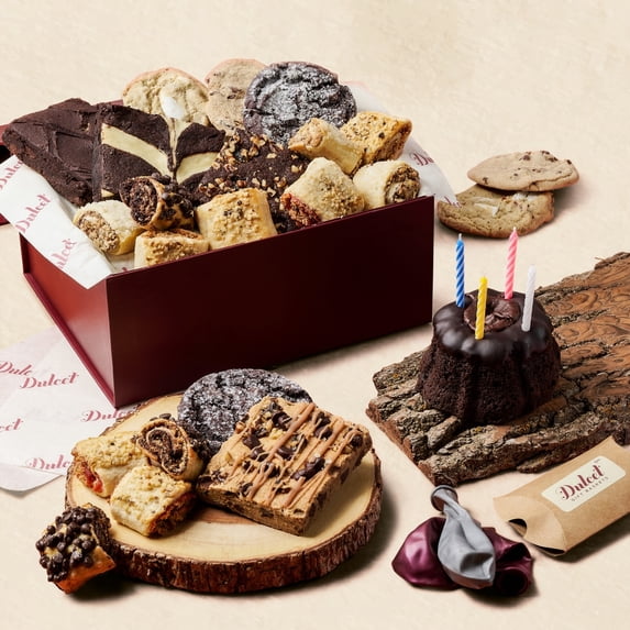Dulcet Happy Birthday Gift Basket- Chocolate Bundt, Brownies, Chocolate Chip Fudge & Cookies, Assorted Rugelach