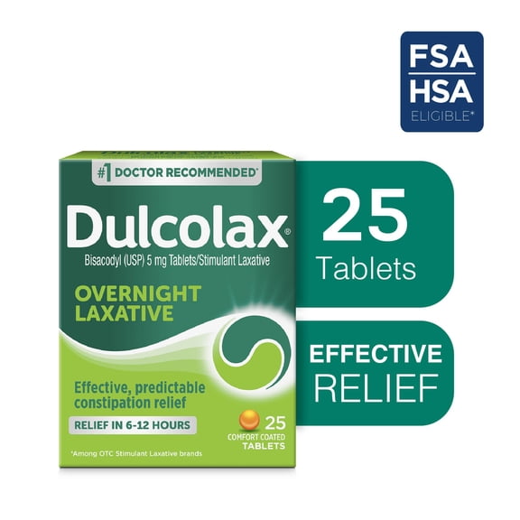 Dulcolax Stimulant Laxative Tablets, Effective & Predictable Overnight Relief, Bisacodyl 5 mg, 25 count