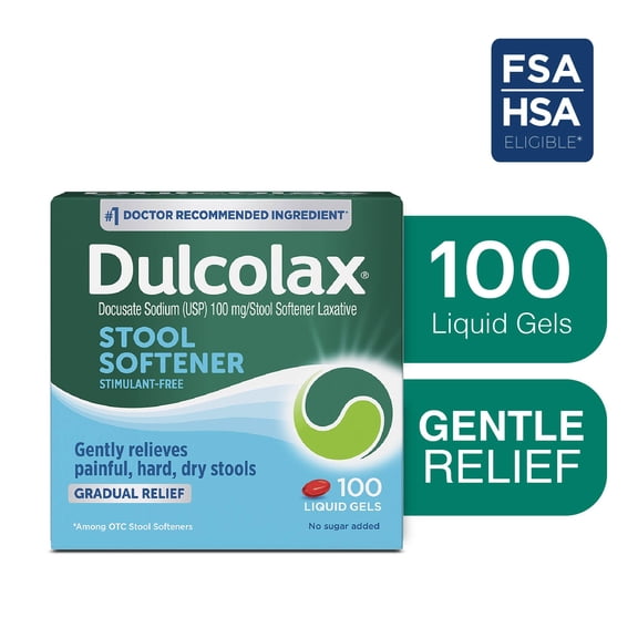 Dulcolax Stool Softener Laxative Liquid Gel Capsules, Gentle Constipation Relief for Hard, Dry Stools, Docusate Sodium 100 mg, 100 Count