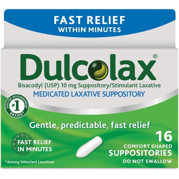 Dulcolax Laxative Suppository Bisacodyl 10mg Fast Relief Constipation, 16ct