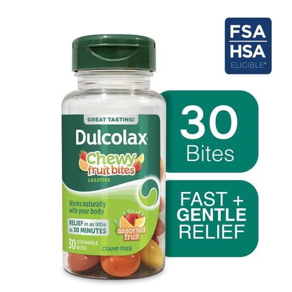 Dulcolax Saline Laxative Chewy Fruit Bites, Fast & Gentle Constipation Relief, Assorted Fruit Flavor, Magnesium Hydroxide 600 mg, 30 Count