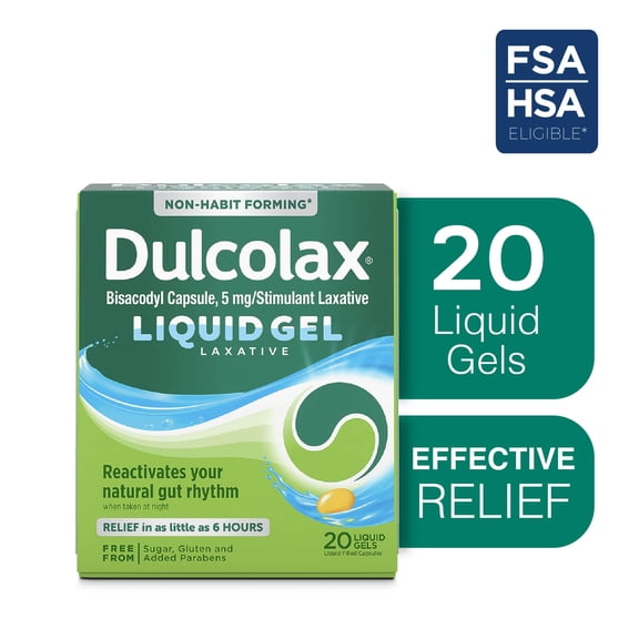 Dulcolax Stimulant Laxative Liquid Gels, Predictable & Effective Constipation Relief, Relieves Constipation Related Symptoms, Bisacodyl 5 mg, No Added Parabens, Gluten-Free & Sugar-Free, 20-Count
