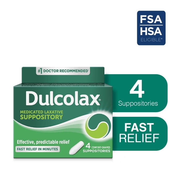 Dulcolax Stimulant Laxative Medicated Suppositories, Predictable & Effective Constipation Relief, Bisacodyl 10 mg, 4 Count