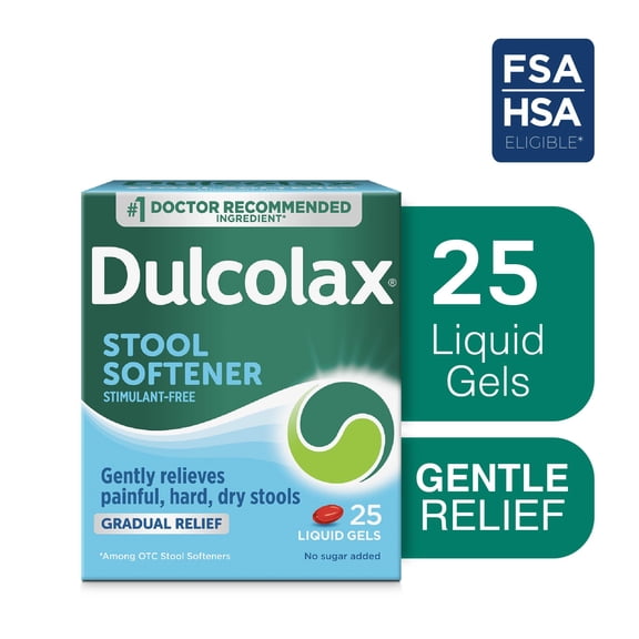 Dulcolax Stool Softener Laxative Liquid Gel Capsules, Gentle Constipation Relief for Hard, Dry Stools, Docusate Sodium 100 mg, 25 Count
