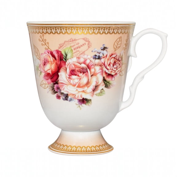 Dulevo Donna Rosa Porcelain Mug 20.3 fl oz (600 ml) Kitchen Floral Coffee and Tea Mug, Pink and Gold