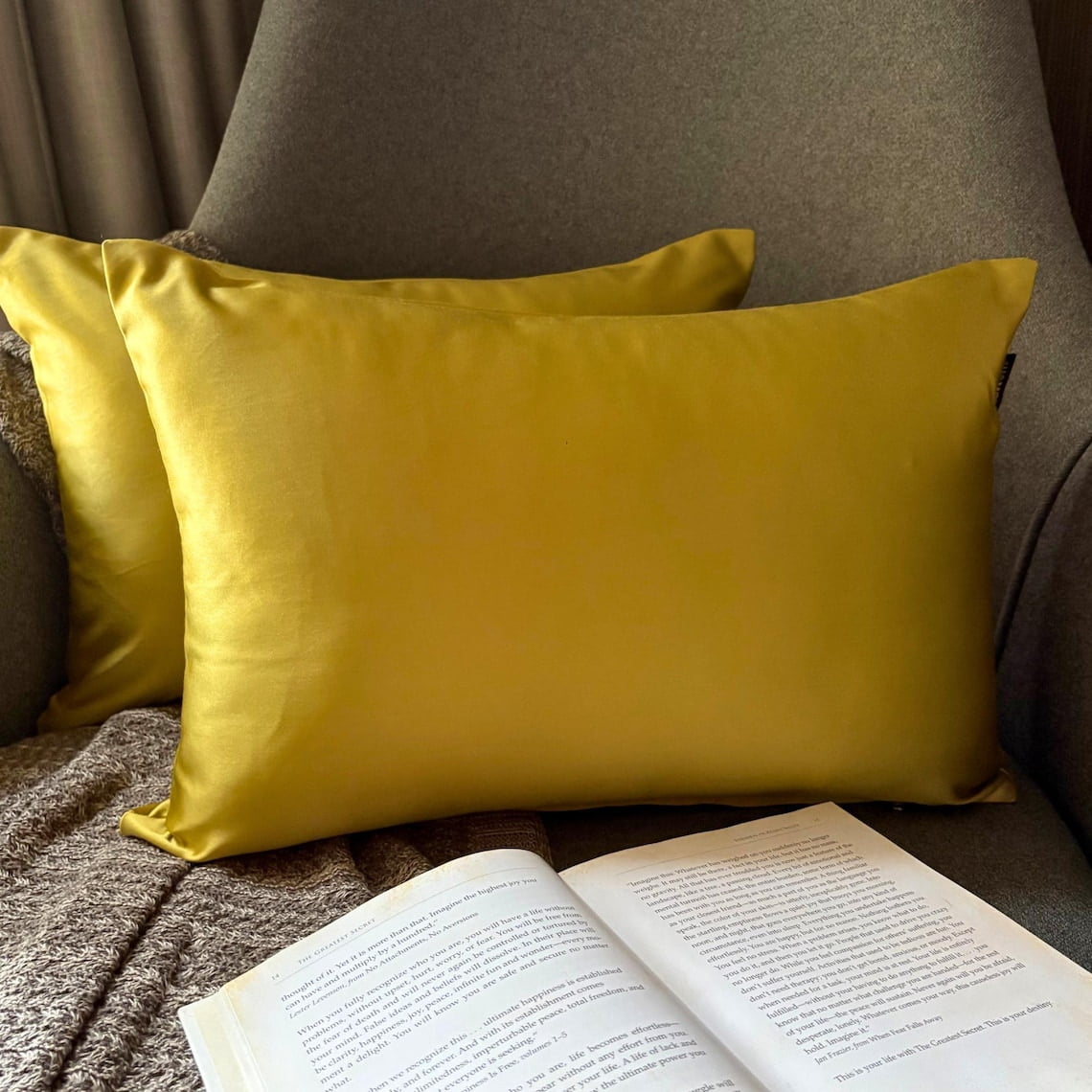 Dull Yellow Decorative Lumbar Pillow Cover 14"x24" | Pack of 2 Modern Satin Oblong Cushion Cover Solid | Plain Solid Pillowcases for Bed, Couch & Sofa, Modern Home Décor - Dull Yellow Slub Satin