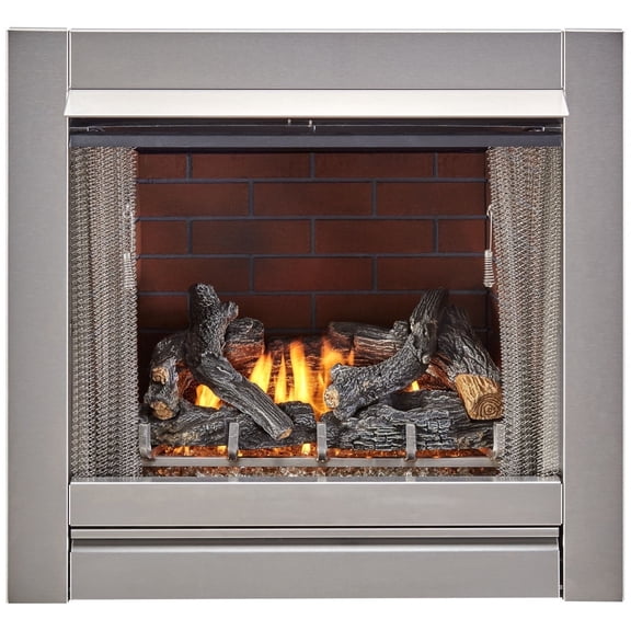 Duluth Forge Outdoor Fireplace Insert with Concrete Log Set, Vintage Red Brick Fiber Liner Model-DF450SS-L-VR