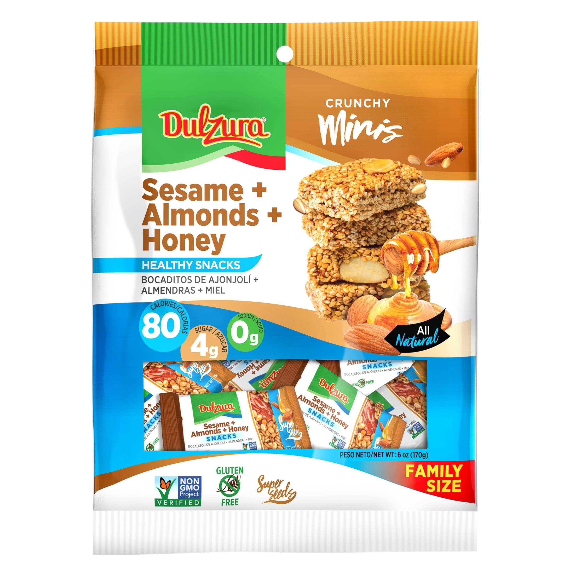 Dulzura Ajonjolí, Miel Almendras 6 oz Bag, Crunchy Mini Snack Bar, Gluten Free, NON-GMO
