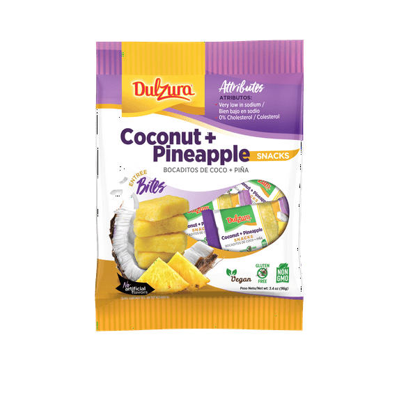 Dulzura Coconut Pineapple Bites 3.4 oz Bag Fruity Flavor Vegan, Gluten Free and Non Gmo, Soft and Chewy Texture