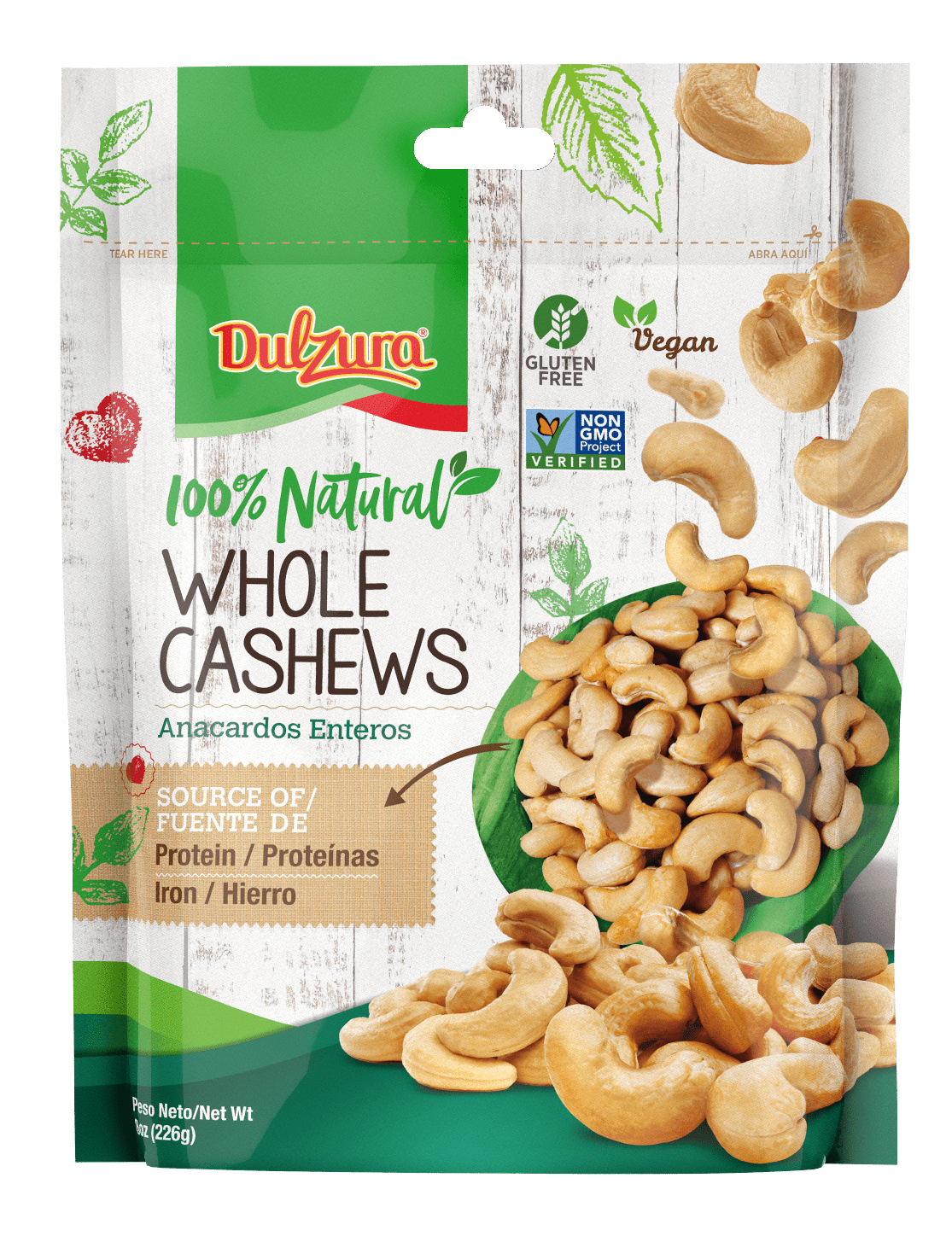 Dulzura Natural Whole Cashews 8oz Bag, Vegan, Gluten Free, NON-GMO