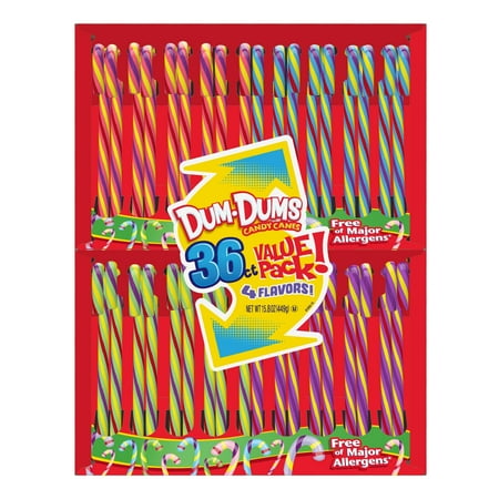 Dum Dums Assorted Flavors Christmas Holiday Candy Canes Stocking Stuffers, Individually Wrapped Treats, 36 Count