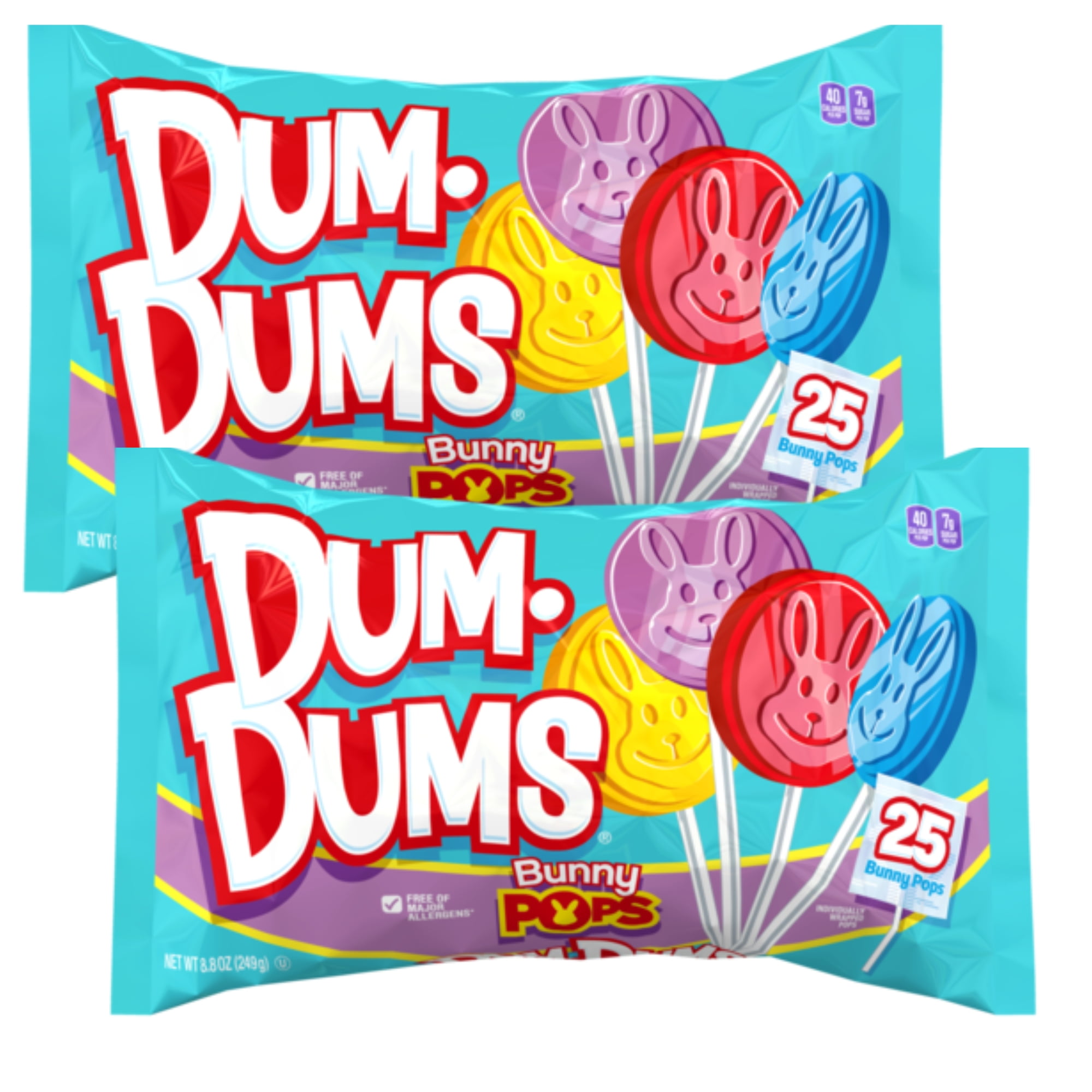 Dum Dums Bunny Pops, Assorted Fruity Flavor Lollipop Candy for Kids Snacks Easter Basket Stuffer Goodie Bag Fillers Candy Bowl Table Decor Pinata Spring Holiday and Birthday Party Favor 25ct Pack of 2