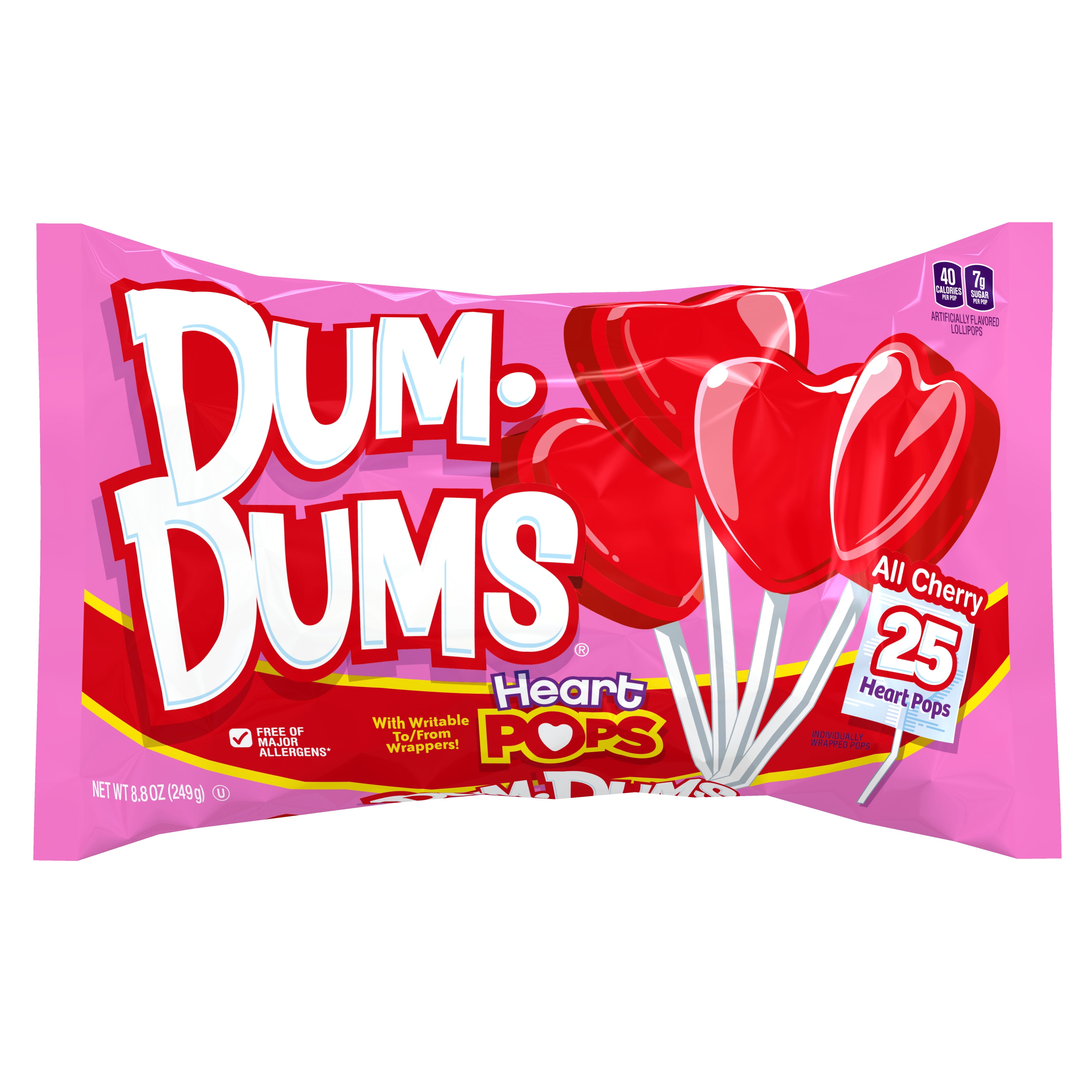 Dum Dums Heart Pops Cherry Valentines Candy Lollipops, 8.8oz 25 Count Bag