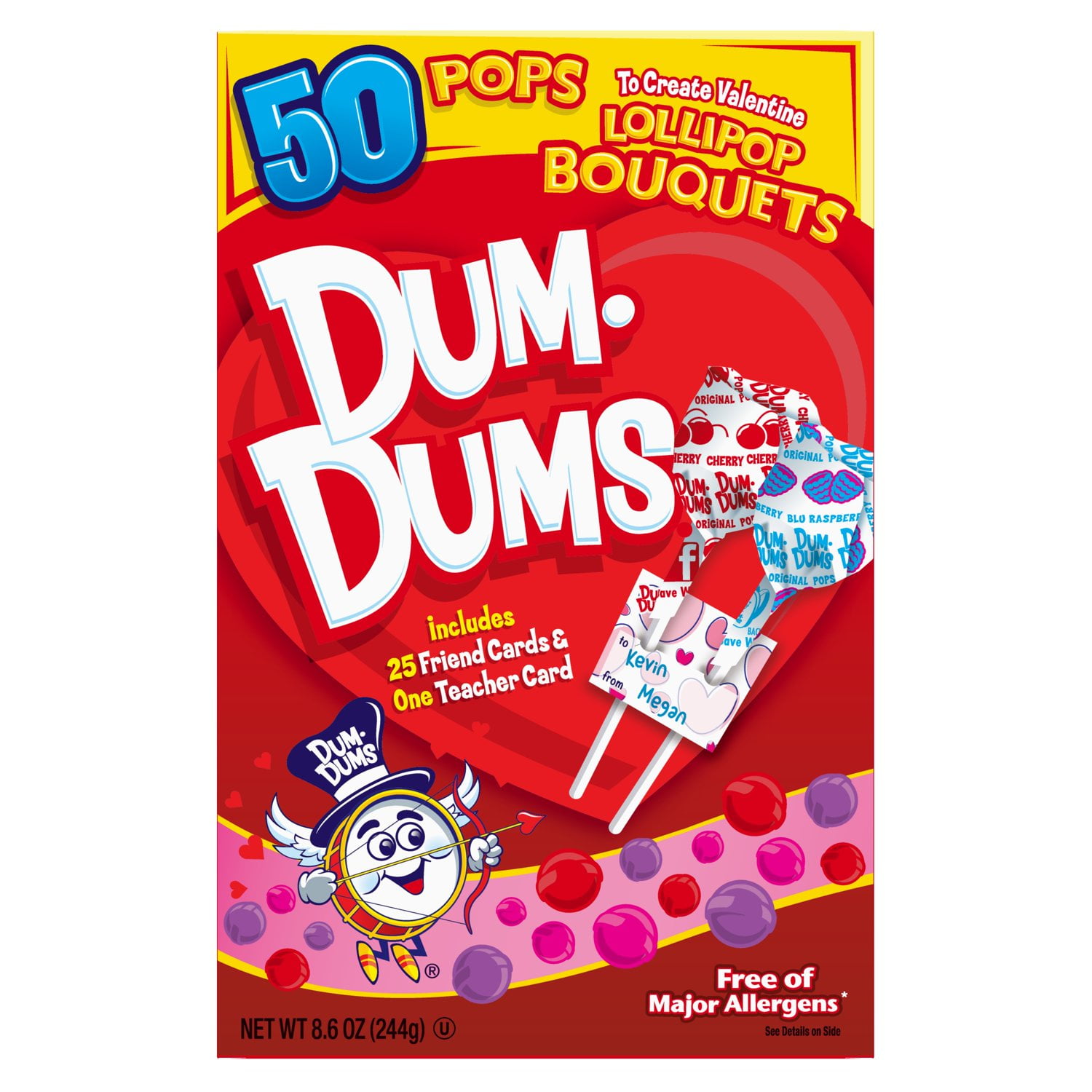 Dum Dums Original Valentine's Day Candy and Cards Lollipop Bouquets, Assorted Flavors, 8.6 oz, 50 Piece Box