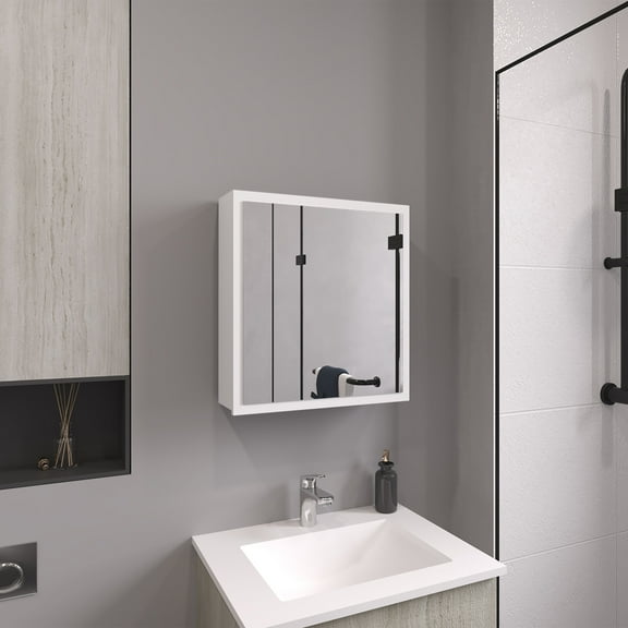 Duma White Mirrored Medicine Cabinet with 4 Shelves & Towel Rack - 21" Compact Wall Mount Storage for Bathroom & Kitchen - Particle Board