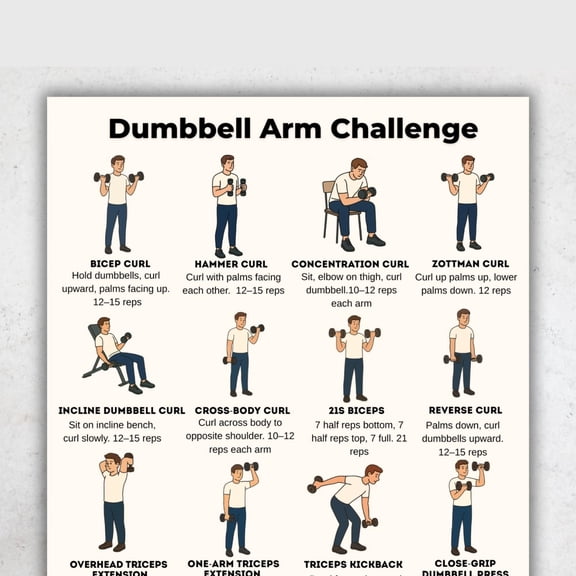 Dumbbell Arm Challenge Poster, 16 Exercises, Triceps Exercise, Home Gym Fitness Plan Poster, Strength Training Plan Poster poster