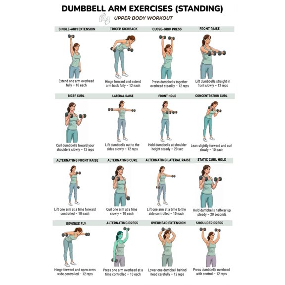 Dumbbell Arm Exercise Chart standing upper body movement workout poster