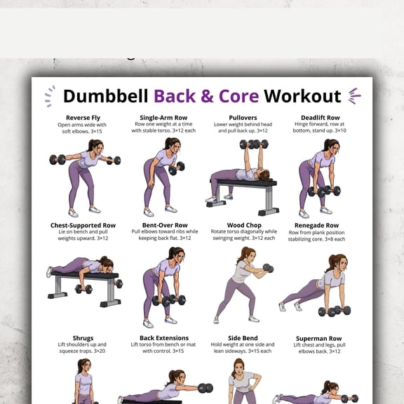 Dumbbell Back Core Workout Poster Home Gym Strengthening Exercise Fitness Chart