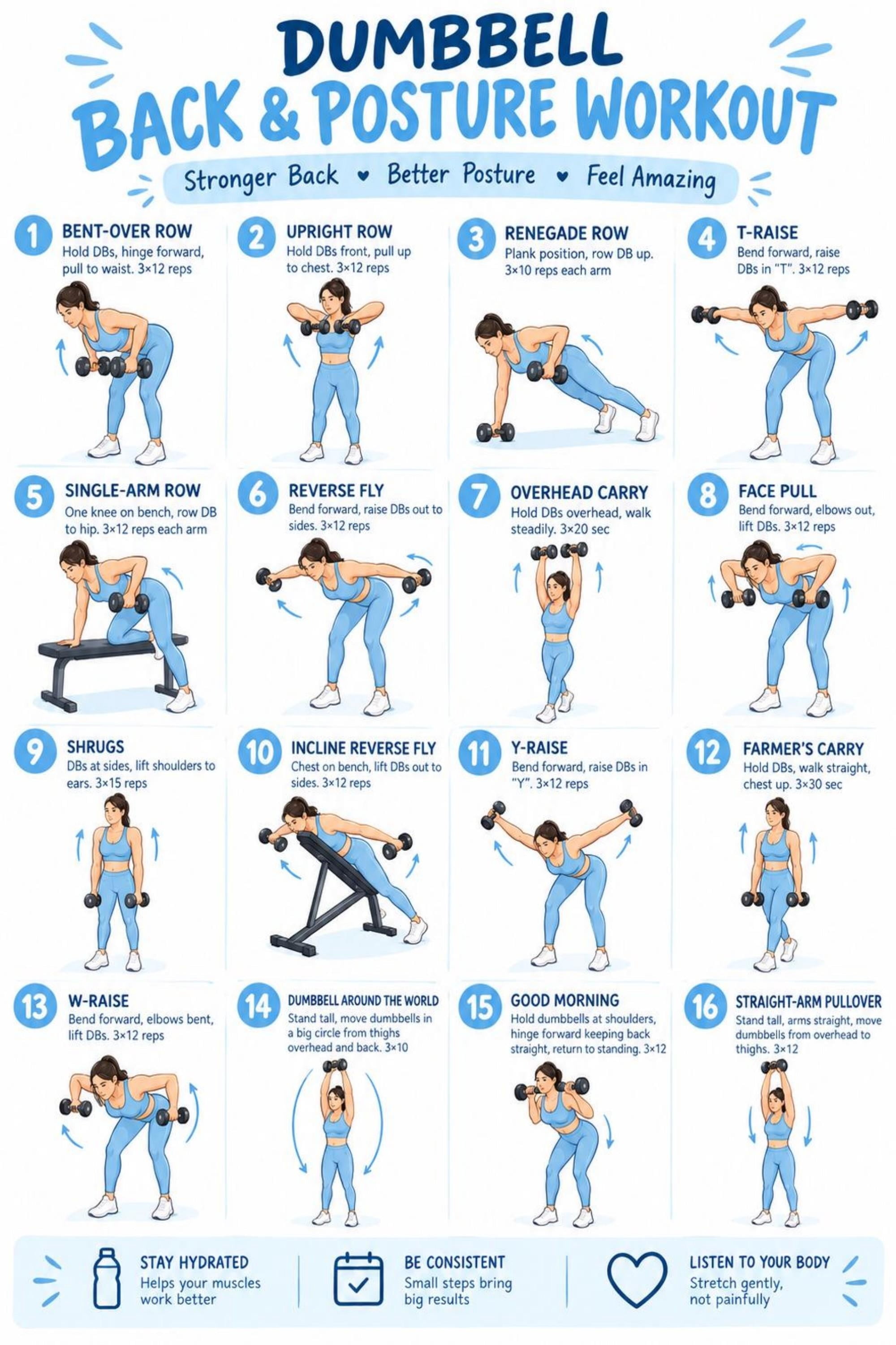 Dumbbell Back Posture Workout Chart 16 Exercise poster - Walmart.com