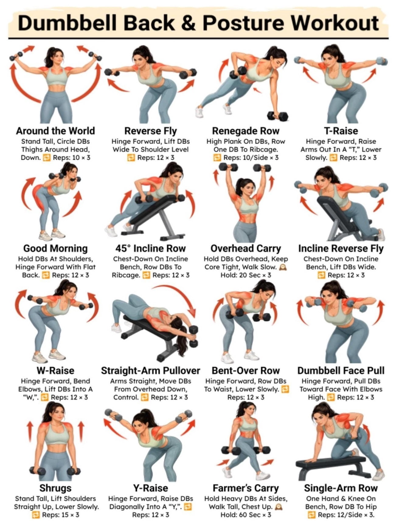 Dumbbell Back & Posture Workout Poster, Beginner Upper And Lower Back ...