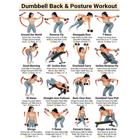 Basic Exercise Position Image Dumbbell Back & Posture Workout Poster, Beginner Upper And Lower Back ...
