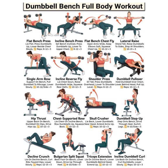 Dumbbell Bench Workout Chart poster Full Body Bench Weight Lifting, Upper & Lower Body Exercise Chest Back Arm Shoulder Leg, Strength Training poster