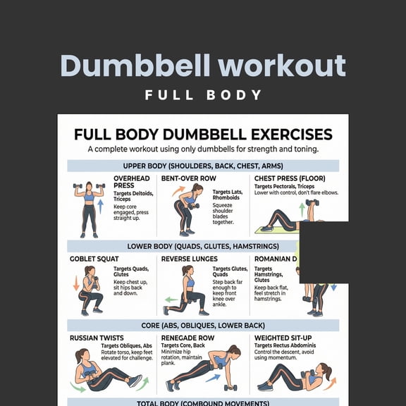 Dumbbell Exercise Poster, Dumbbell Exercise, Full Body Exercise Guide, 30 Day Exercise Poster, Family Fitness Plan Poster