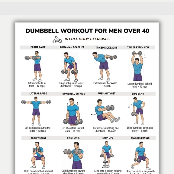 Dumbbell Exercise Poster For Men Over 40 Years Old, Full Body Dumbbell Exercise Table Poster, Strength Training At Home, Fitness Poster