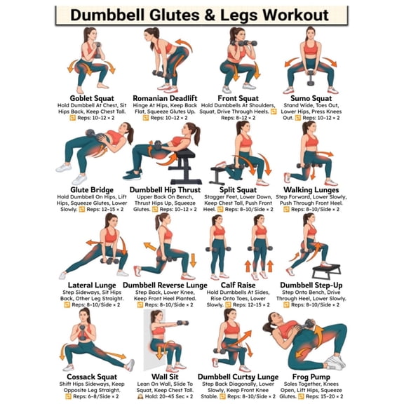 Dumbbell Glutes & Legs Workout Poster, Lower Body Exercise Leg Day Plan, Booty And Legs Training Chart, Home Gym Butt Workout For Women poster