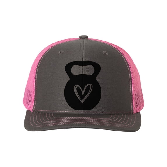 Dumbbell Heart, Crossfit Hat, Workout Hat, Trucker Hat, Baseball Cap, Crossfit Apparel, Adjustable, Charcoal/Neon Pink