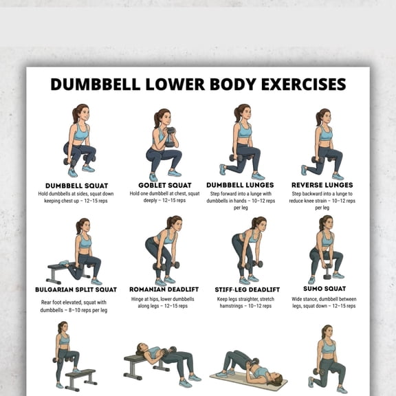 Dumbbell Leg And Hip Muscle Exercise Poster For Women's Lower Body Exercise Family Strength Training Poster Leg Hip Muscle Chart Poster
