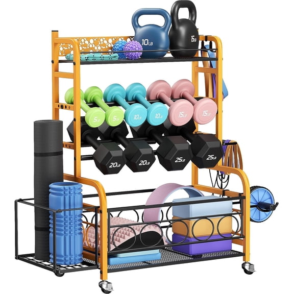 Dumbbell Rack, Adjustable Weight Rack for Home Gym, Home Gym Storage Rack for Yoga Mat Kettlebells and Strength Training Equipment, Weight Storage Rack for Dumbbells with Wheels