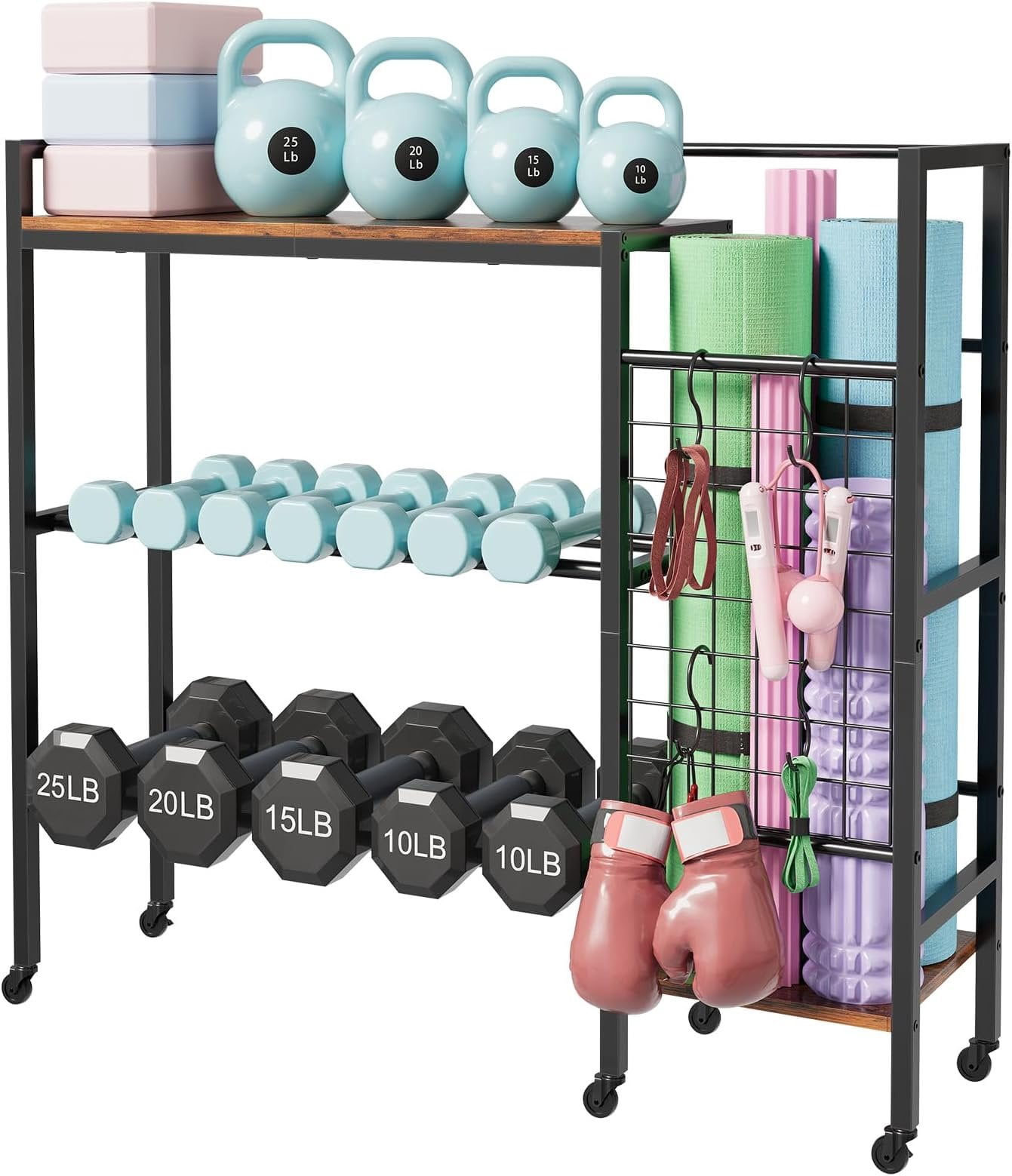Dumbbell Rack, Gym Storage Rack, Weight Rack for  Gym, Dumbbells, Kettlebells, Yoga Mats &  Space-Saving  Gym Organizer