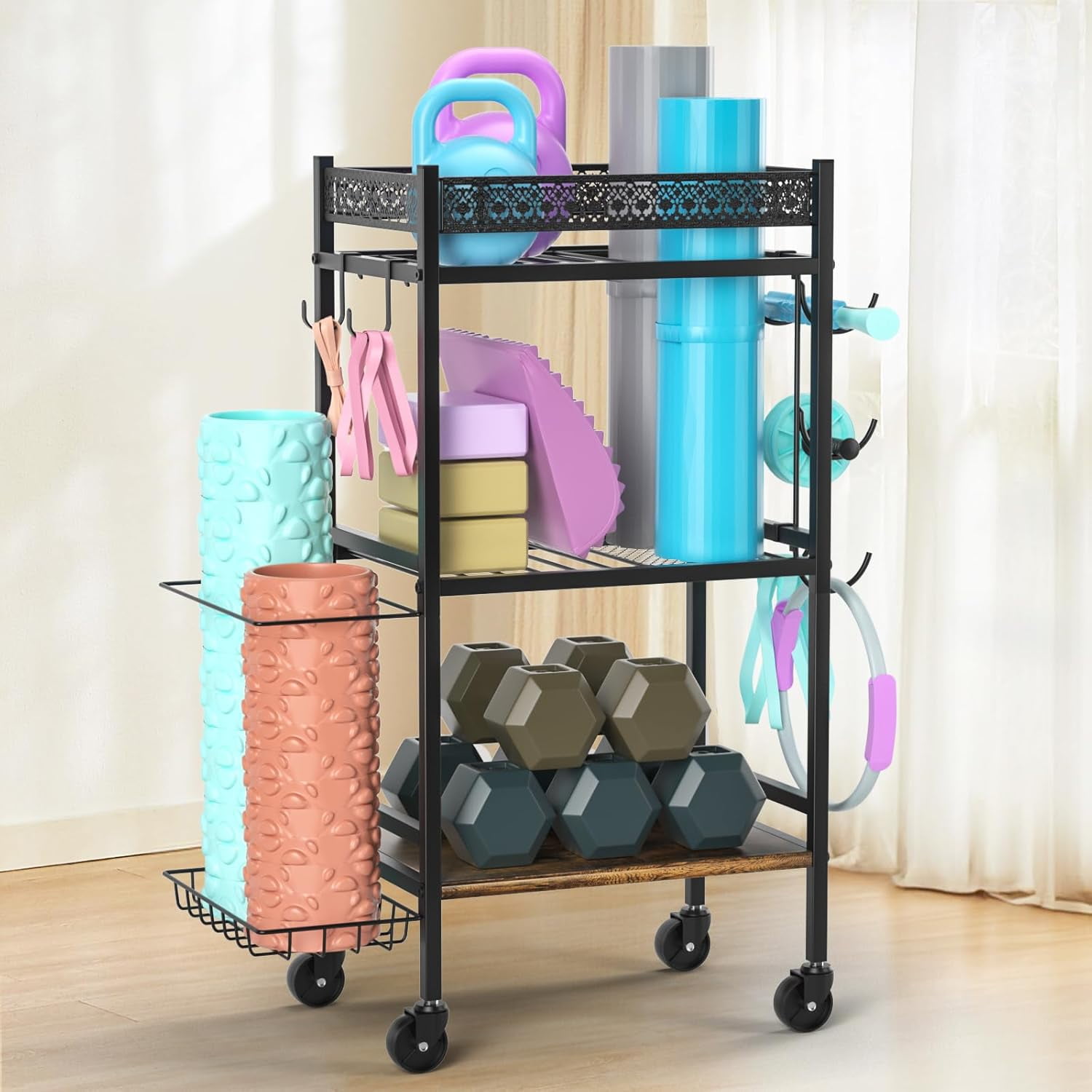 Dumbbell Rack Stand Only, Home Weight Rack for Dumbbells Kettlebells Yoga Mat, Home Gym Storage Rack with Wheels and Hooks, Space Saving Workout Equipment Organizer.