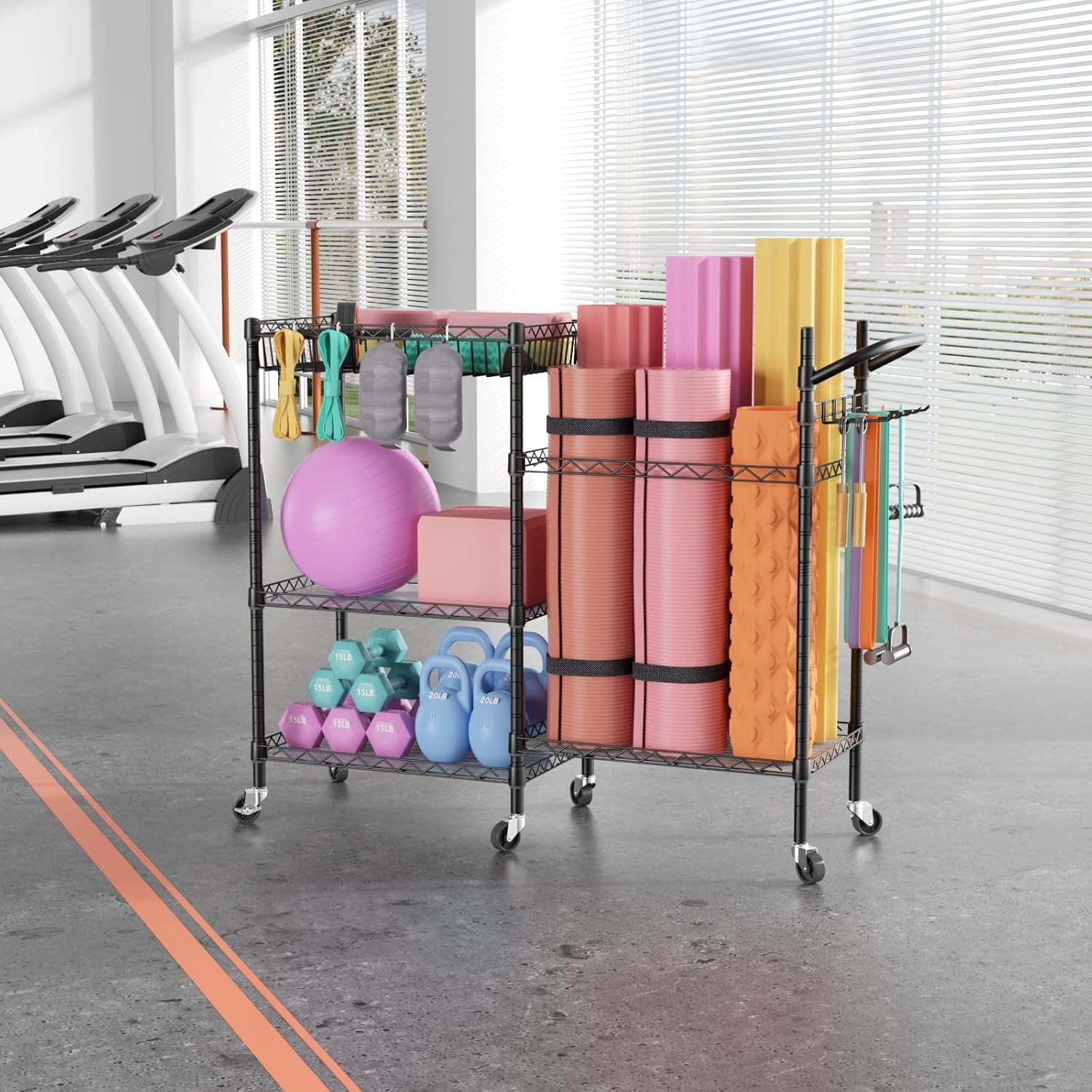 Dumbbell Rack Stand With Yoga Mat Storage, Gym Equipment Organizer, Cart With Hooks and Wheels