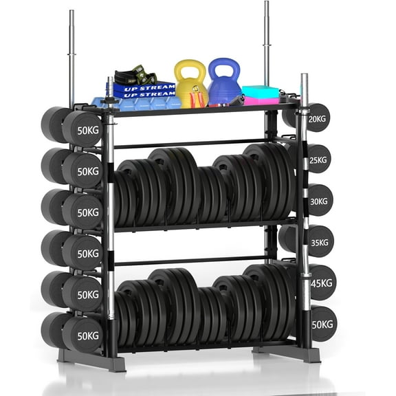 Dumbbell Rack - Weight Plate Rack for Home Gym, Peloton Weights for 2700lbs Large 3 Tier Kettlebell Barbell Rack Workout Equipment Strength Training Dumbbell Organization Stand Only